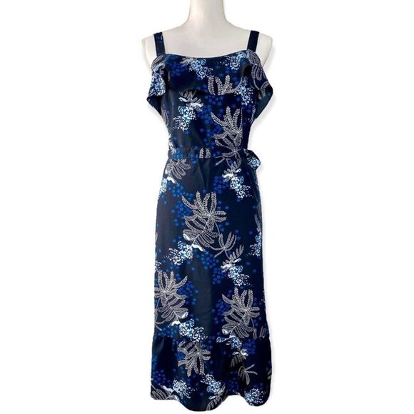 Banana Republic Factory Blue White Floral Sash Waist Ruffle Midi Tank Dress NEW - Picture 1 of 16